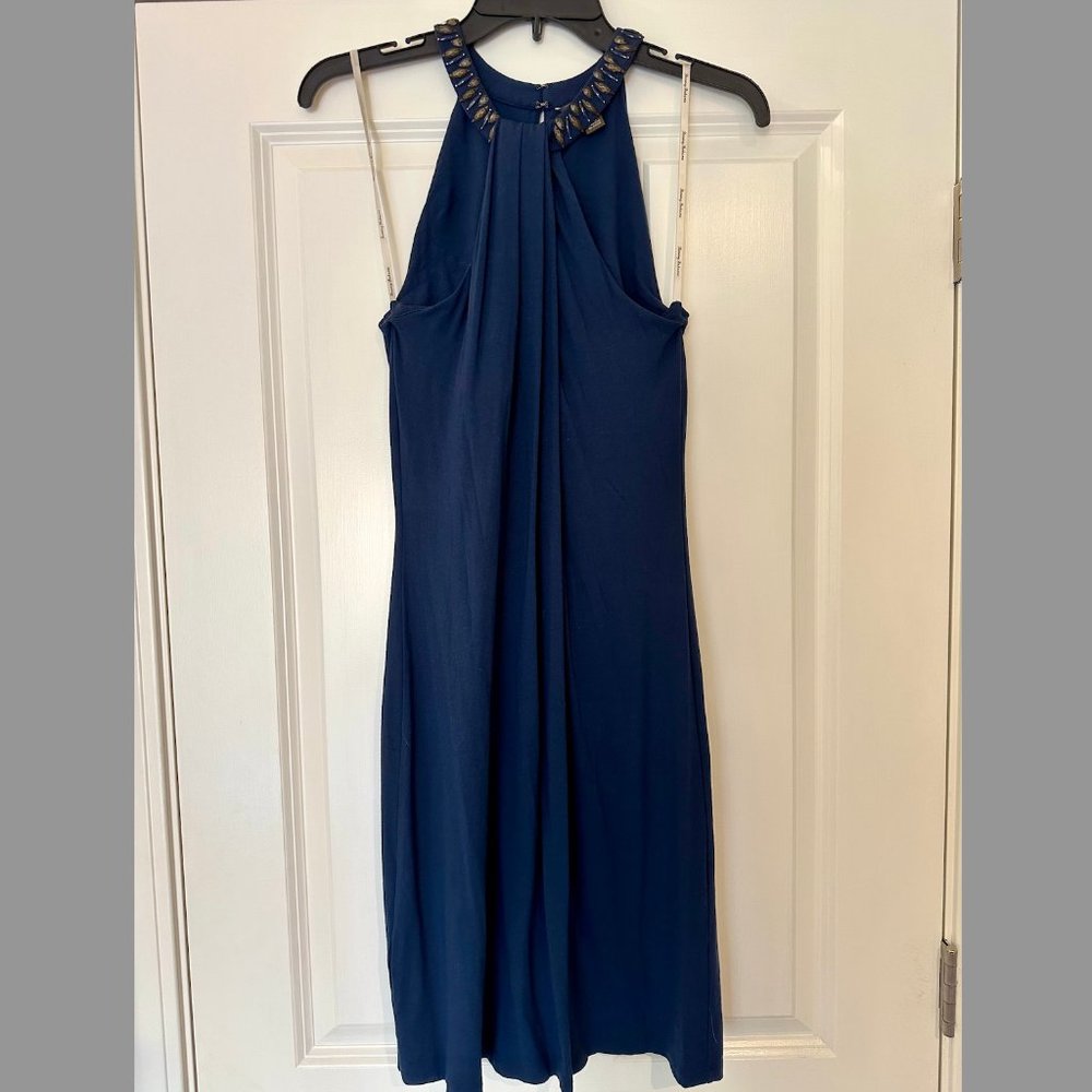 Tommy Bahama Navy Draped Dress with Beaded Collar Size S